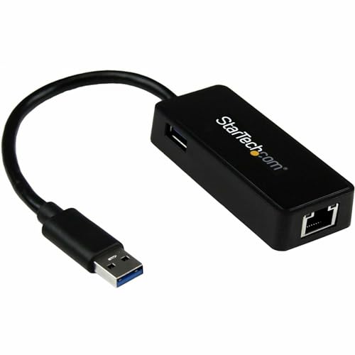 StarTech.com USB 3.0 Ethernet Adapter - USB 3.0 Network Adapter NIC with USB Port - USB to RJ45 - USB Passthrough (USB31000SPTB), Black, 0.7" x 1.4" x 5" x 5" - Image 1