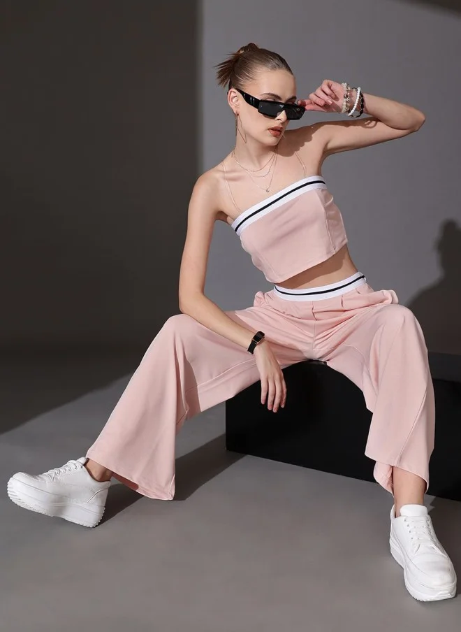 STREET 9 Pink Off Shoulder Crop Top & Trousers Set for Women