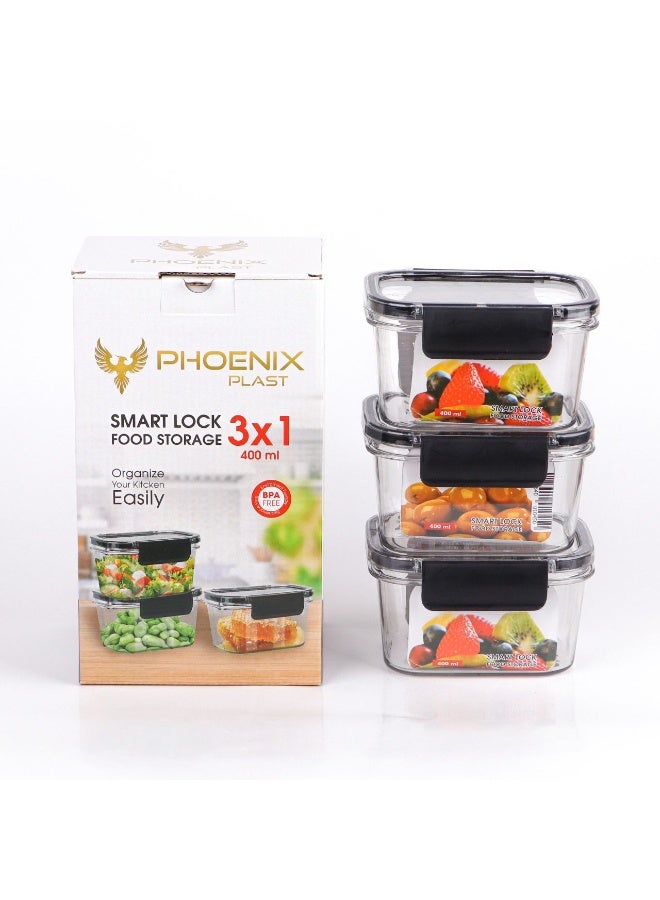 فينيكس طقم علب تخزين أكريليك بيور من "فونكس" 3 قطع، سعة 400 مل، بغطاء كلبس محكم الغلق - Image 1