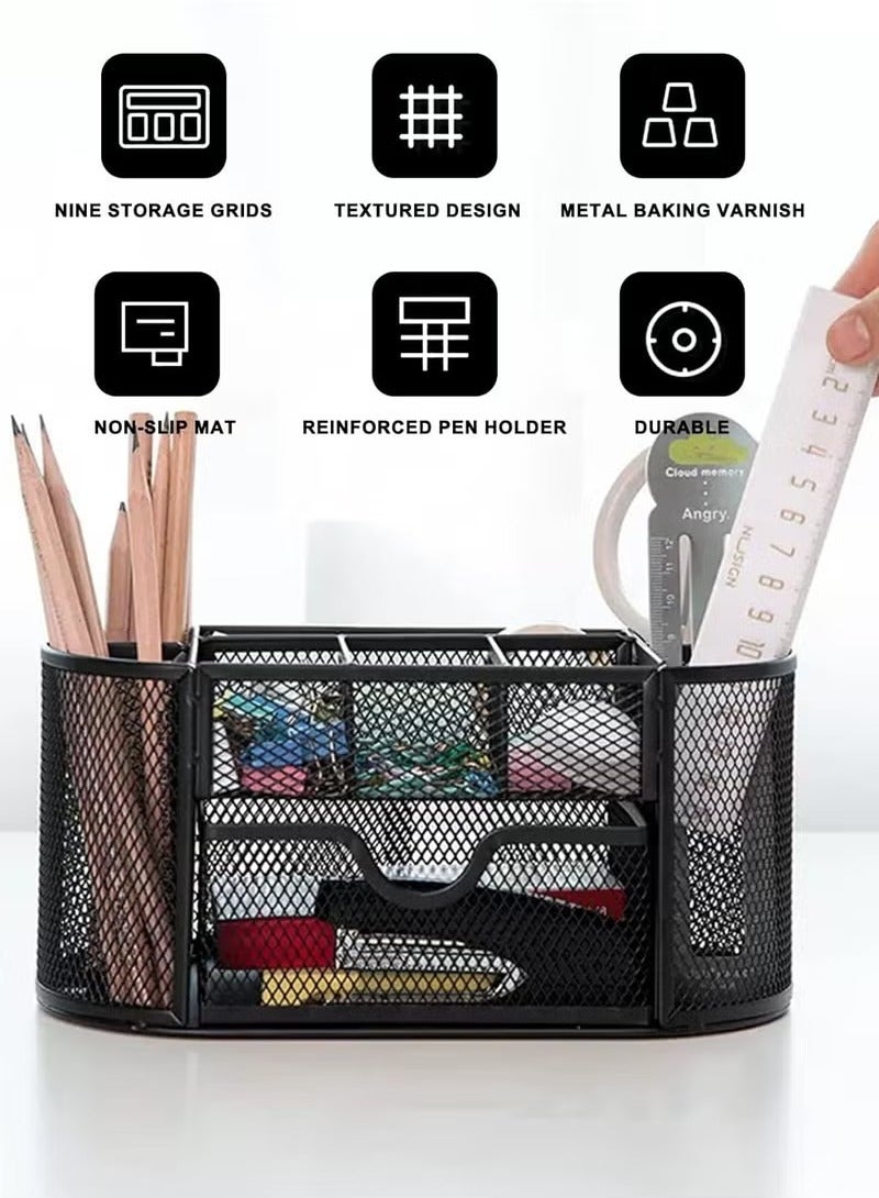 PAPERSAY Mesh Desk Organiser Large Capacity,Desk Tidy Metal Pen Holder with 8 Compartments and 1 Drawer, Multi-functional Stationery Storage Container Box for Kids,Home, Office, School  - Image 4