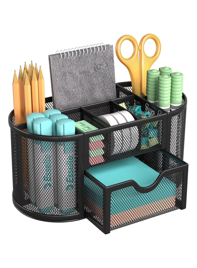PAPERSAY Mesh Desk Organiser Large Capacity,Desk Tidy Metal Pen Holder with 8 Compartments and 1 Drawer, Multi-functional Stationery Storage Container Box for Kids,Home, Office, School  - Image 1
