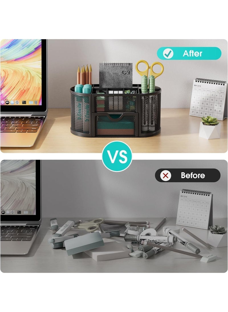 PAPERSAY Mesh Desk Organiser Large Capacity,Desk Tidy Metal Pen Holder with 8 Compartments and 1 Drawer, Multi-functional Stationery Storage Container Box for Kids,Home, Office, School  - Image 5