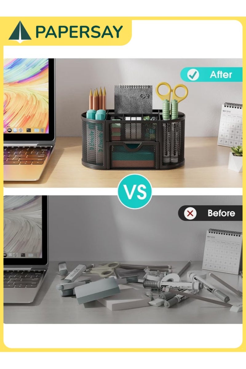  طائرة ورقية منظم مكتب شبكي بسعة كبيرة، حامل أقلام معدني مع 8 أقسام ودرج واحد، صندوق تخزين متعدد الوظائف للأدوات المكتبية للأطفال، المنزل، المكتب، والمدرسة. - Image 5