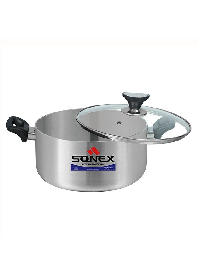 Sonex Premium Aluminium Casserole with Glass Lid and Ergonomic Bakelite Cool Handle – 22 cm (4 Ltr), Sleek Metal Finish, Durable Construction, See-Through Lid for Easy Monitoring, Dishwasher Safe - Image 2