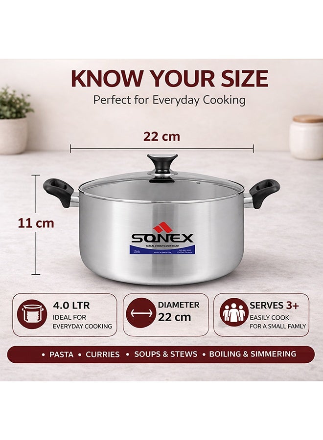 SONEX طاجن سونيكس المتميز من الألمنيوم مع غطاء زجاجي ومقبض باكليت بارد مريح - 22 سم (4 لتر)، تشطيب معدني أنيق، بناء متين، غطاء شفاف لمراقبة سهلة، آمن في غسالة الصحون - Image 2