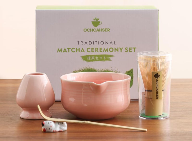 Ochcahser Matcha Set Pink Ceramic Matcha Kit Includes Matcha Bowl Matcha Whisk Holder chasen Bamboo Matcha Whisk Bamboo Scoop and Scoop Stand Japanese Tea Set for Women