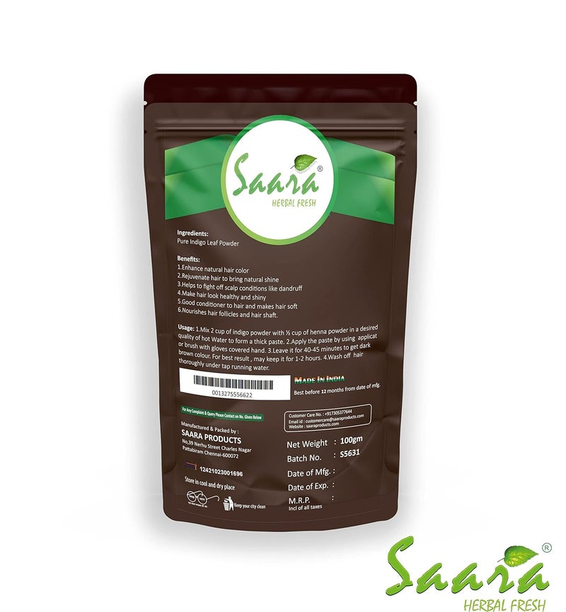 SAARA Indigo Powder Organic for Hair Black Colour 600 Grams Natural Avuri Leaf Powder Neela Amari Neel Patti Neelayamari Neli Aku Indico Powder Pack of 6 x 100g Premium Package aluminum foil inner - Image 2