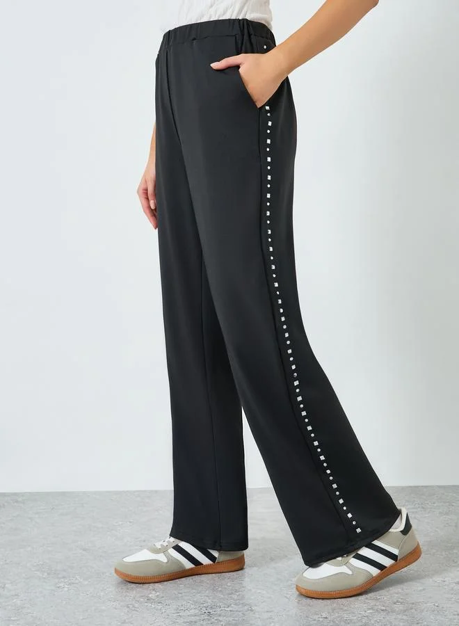 Styli Women Black Side Rhinestone Wide Leg Pants