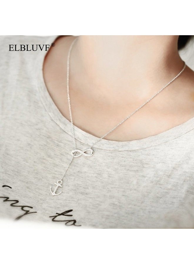 ELBLUVF Newest Stainless Steel Anchor Infinity Y Shaped Lariat Style Necklace 18inch for Women (White Gold Color) - Image 3