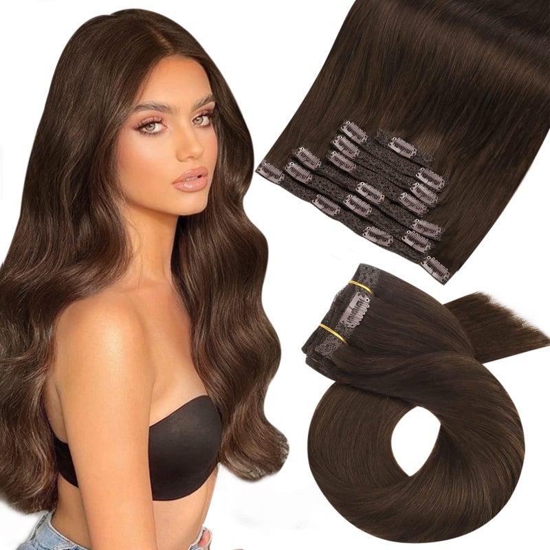 Moresoo Brown Hair Extensions Clip in Real Human Hair Medium Brown Remy Clip in Hair Extensions Human Hair 4 7pcs 120Grams 24inch