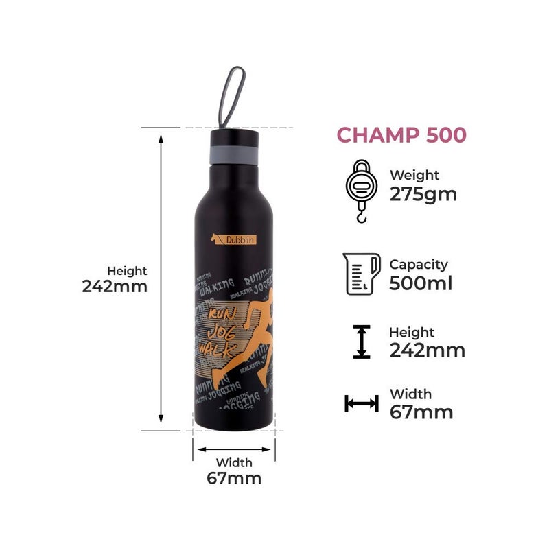 Dubblin Premium Stainless Steel Double Wall Vacuum Insulated BPA Free Water Bottle, Sports Thermos Flask Keeps Hot 12 Hours, Cold 24 Hours (Black, 500 ML) - Image 5