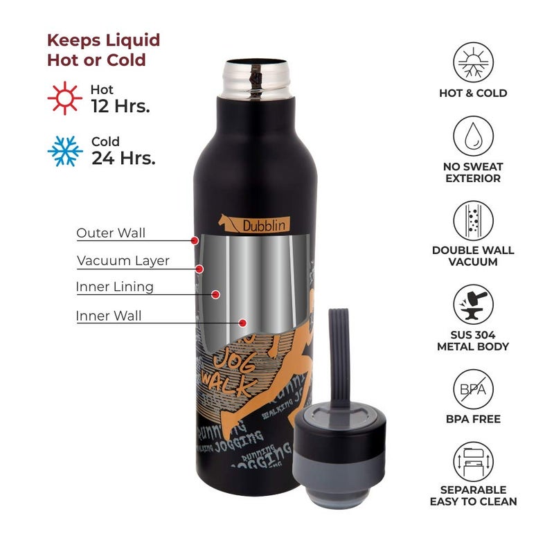Dubblin Premium Stainless Steel Double Wall Vacuum Insulated BPA Free Water Bottle, Sports Thermos Flask Keeps Hot 12 Hours, Cold 24 Hours (Black, 500 ML) - Image 3