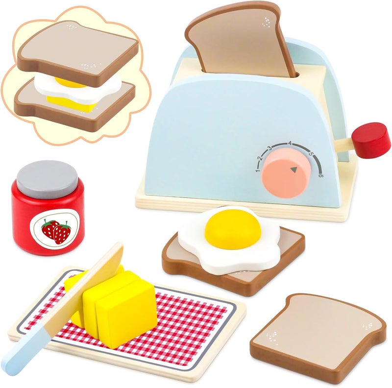 Airlab Wooden Pop-Up Toaster Toy Play Set for Kids, 10 Pcs Wooden Play Food and Kitchen Accessories with Wooden Bread and Butter, Interactive Preschool Educational Role Play Toys for Girls and Boys - Image 1