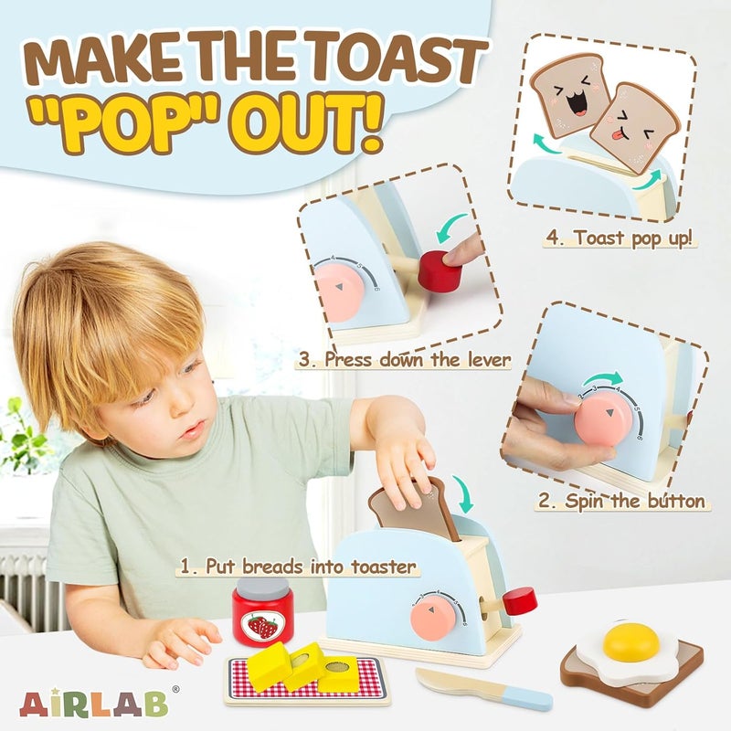 Airlab Wooden Pop-Up Toaster Toy Play Set for Kids, 10 Pcs Wooden Play Food and Kitchen Accessories with Wooden Bread and Butter, Interactive Preschool Educational Role Play Toys for Girls and Boys - Image 5
