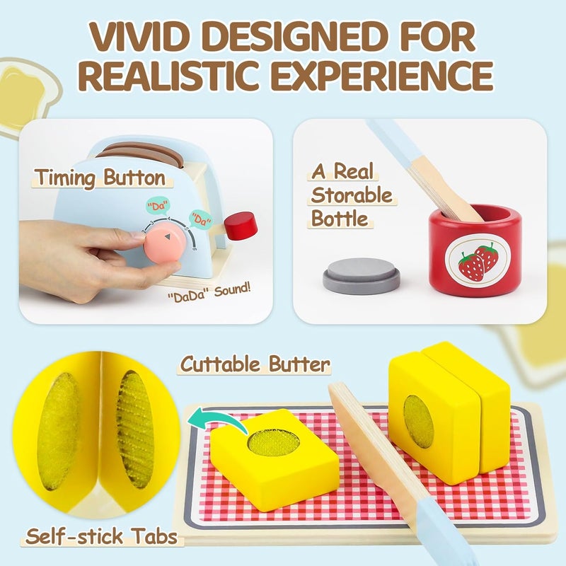 Airlab Wooden Pop-Up Toaster Toy Play Set for Kids, 10 Pcs Wooden Play Food and Kitchen Accessories with Wooden Bread and Butter, Interactive Preschool Educational Role Play Toys for Girls and Boys - Image 3