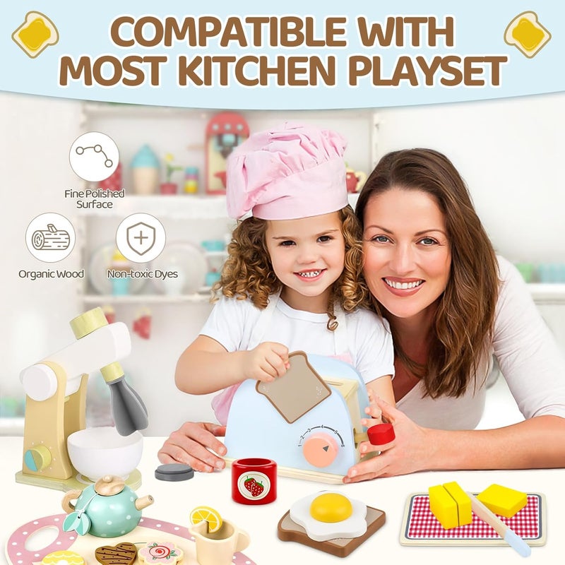 Airlab Wooden Pop-Up Toaster Toy Play Set for Kids, 10 Pcs Wooden Play Food and Kitchen Accessories with Wooden Bread and Butter, Interactive Preschool Educational Role Play Toys for Girls and Boys - Image 4