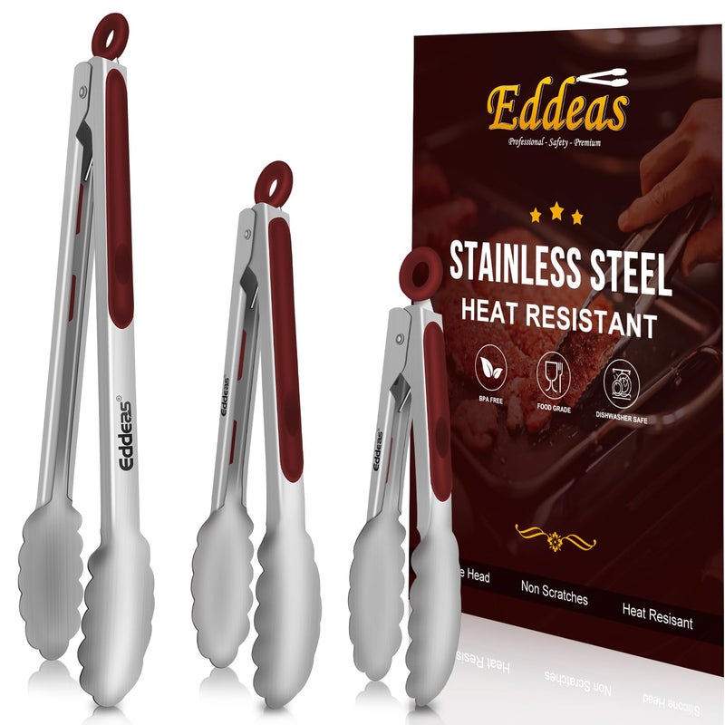 Eddeas Tongs For Cooking - 7",9" and 12 inch Kitchen Tong Heat Resistant 600 Degrees Stainless Steel Tongs, Heavy Duty Metal Locking Tong, Perfect for Food, BBQ Red Set of 3 - Image 1