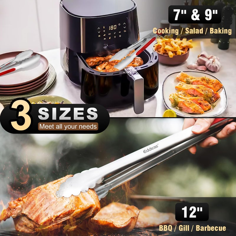 Eddeas Tongs For Cooking - 7",9" and 12 inch Kitchen Tong Heat Resistant 600 Degrees Stainless Steel Tongs, Heavy Duty Metal Locking Tong, Perfect for Food, BBQ Red Set of 3 - Image 4