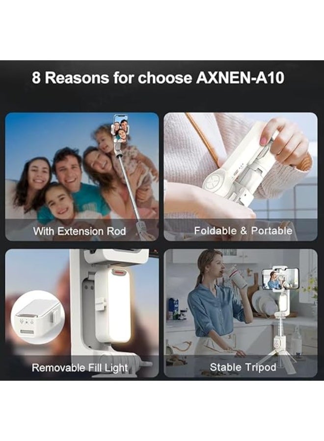 حامل ثلاثي القوائم A10 Gimbal لتثبيت صور السيلفي مع إضاءة تعبئة وقضيب تلسكوبي للهواتف الذكية وأجهزة iPhone، لون أبيض - Image 4