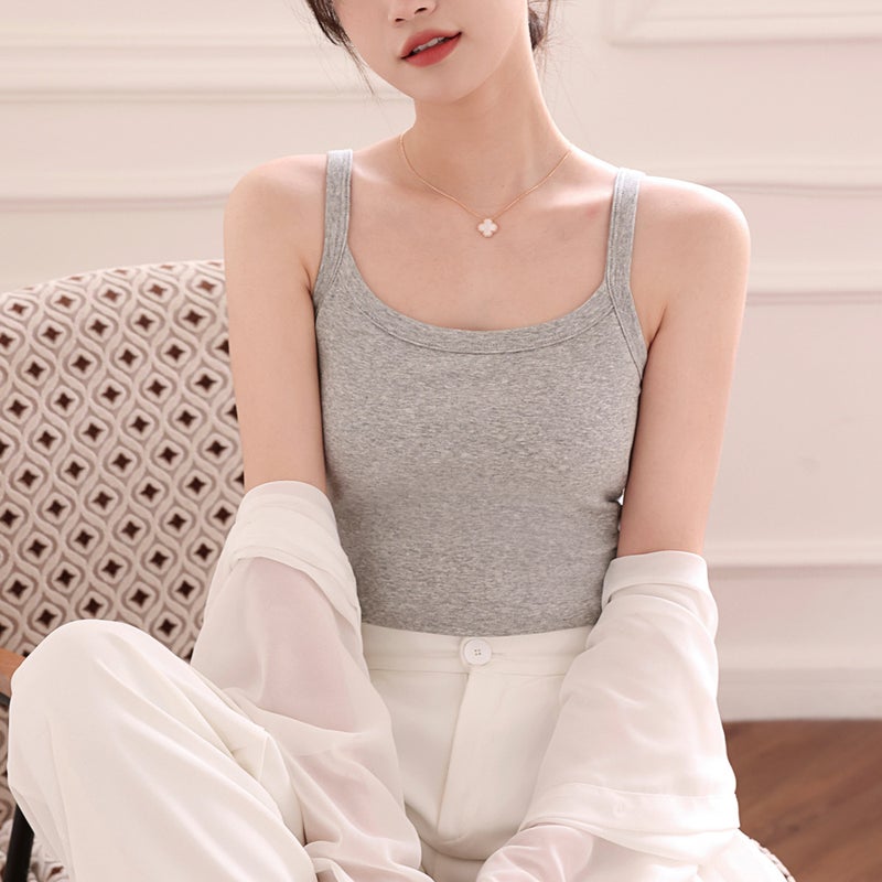 Camisole Womens Summer Integrated Bra with Chest Pad for Outer Wear White Long Pure Cotton Backing Top Long Gray  - Image 1