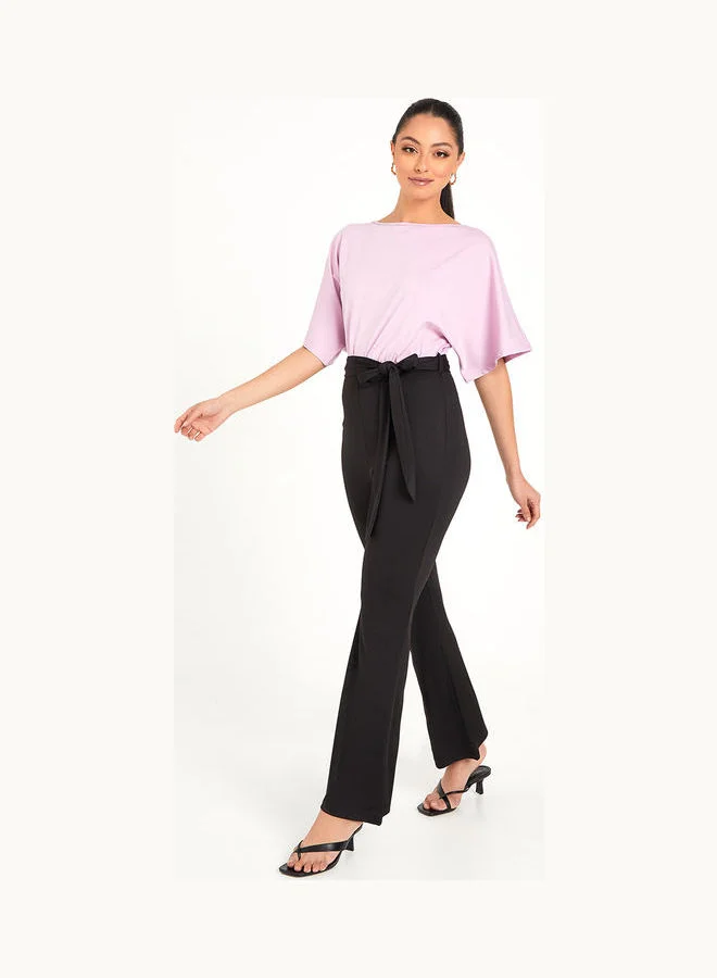 Styli Short Sleeves Colorblock Wide Leg Jumpsuit with Waist Tie Up
