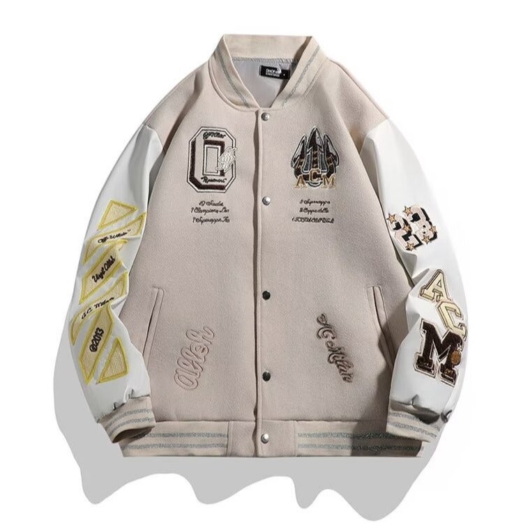 Trendy Brand Ac Milan Heavy Craft Embroidery Patchwork Leather Sleeve Off Versatile Baseball Jacket Coat - Image 1