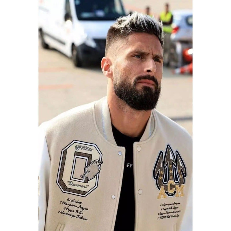 Trendy Brand Ac Milan Heavy Craft Embroidery Patchwork Leather Sleeve Off Versatile Baseball Jacket Coat - Image 5