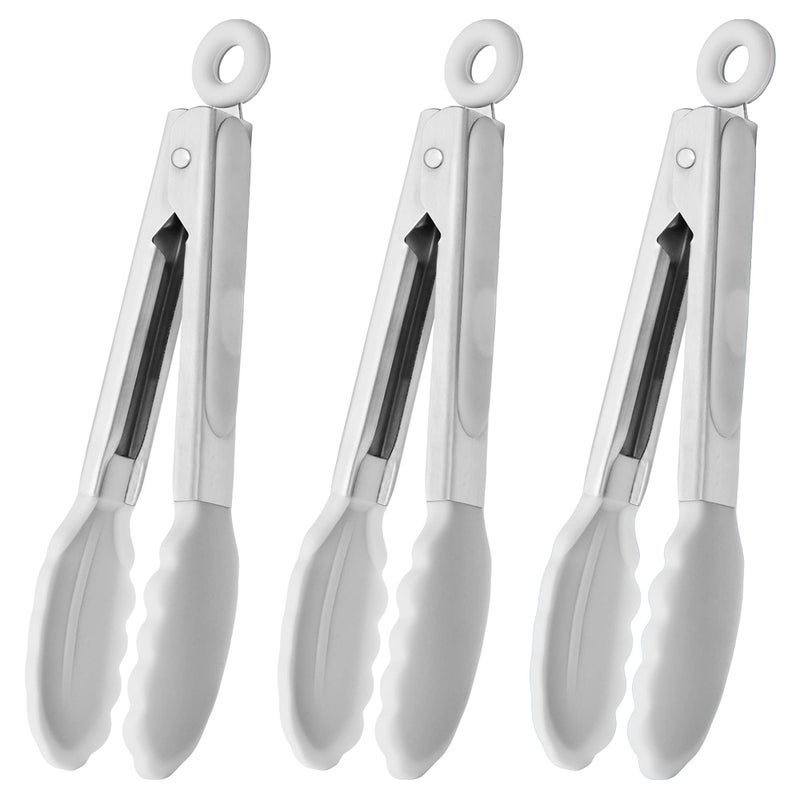 HINMAY Mini Tongs with Silicone Tips 7Inch Serving Tongs Set of 3 White
