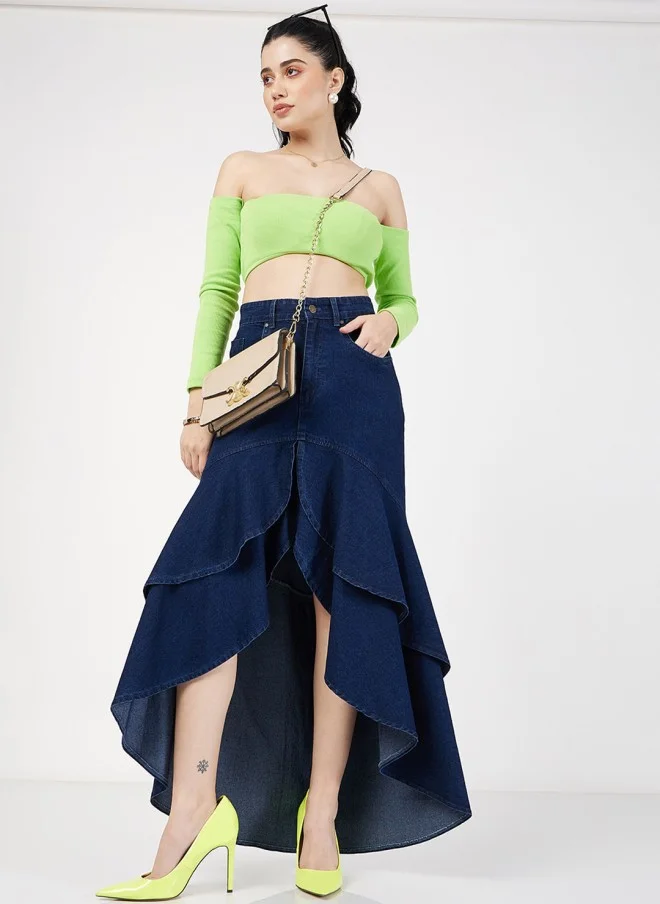 SASSAFRAS Denim Ruffled High Low Skirt for Women