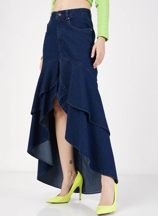 SASSAFRAS Denim Ruffled High Low Skirt for Women