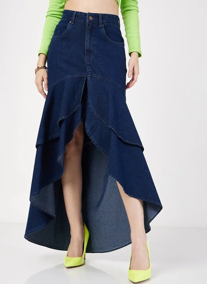 SASSAFRAS Denim Ruffled High Low Skirt for Women