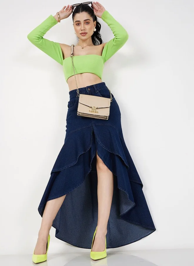 SASSAFRAS Denim Ruffled High Low Skirt for Women