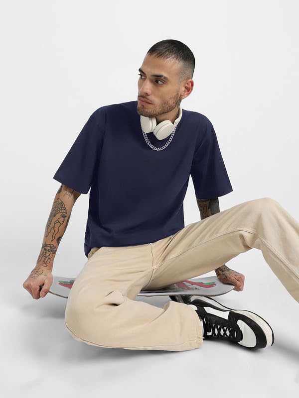 Veirdo® Pure Cotton Navy & Cork & Swanwhite Oversized Fit Half Sleeve Solid Round Neck T-Shirt for Men (PO3_OS_NY_CR_SW_XXL) - Image 2