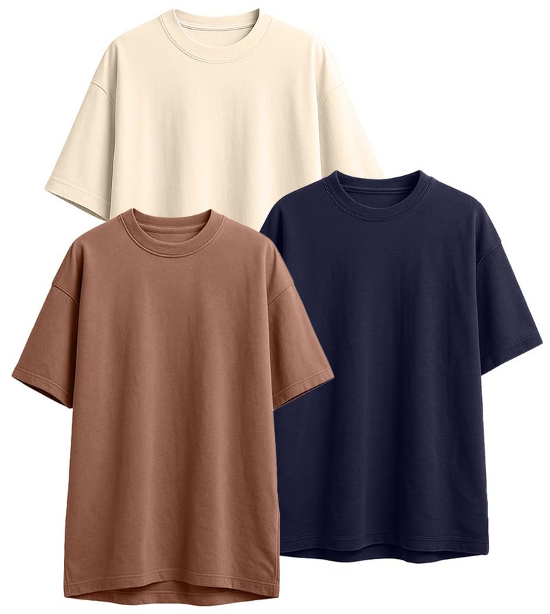 Veirdo® Pure Cotton Navy & Cork & Swanwhite Oversized Fit Half Sleeve Solid Round Neck T-Shirt for Men (PO3_OS_NY_CR_SW_XXL) - Image 1
