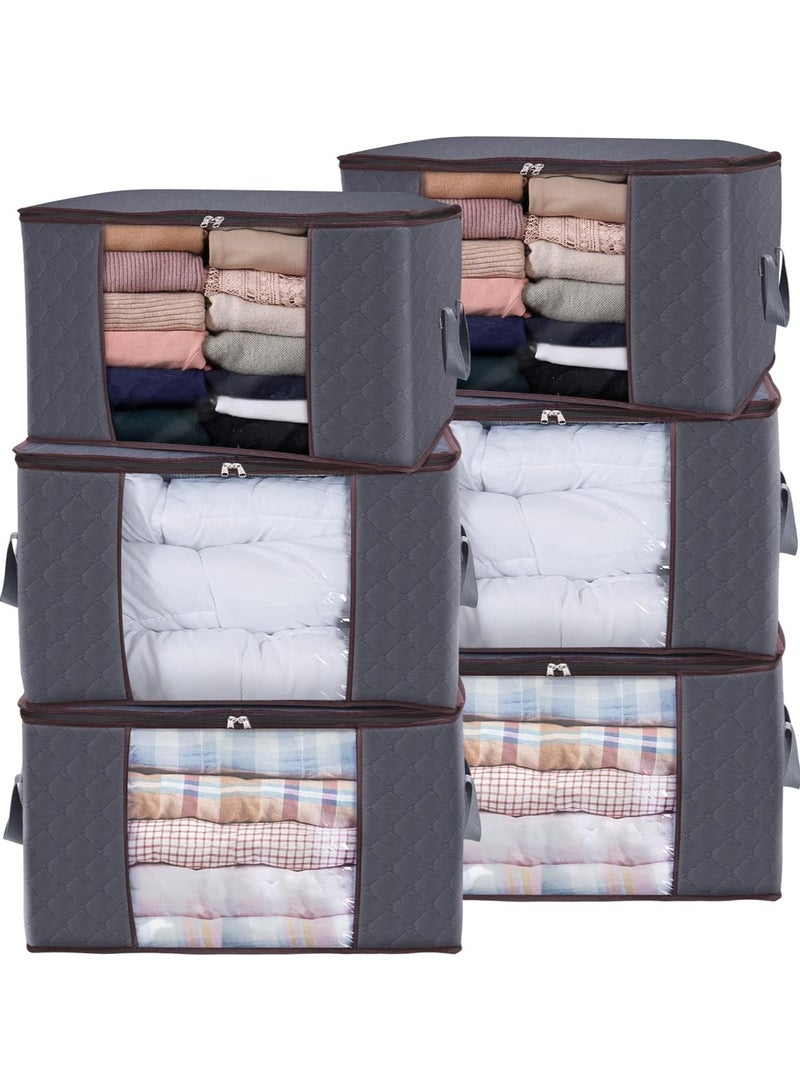 Sprinters 90L Large Storage Bags, 6 Pack Closet Organizers and Storage, Clothes Foldable Storage Bins with Reinforced Handles, Storage Containers for Clothing, Blanket, Comforters,Bedding, Gray