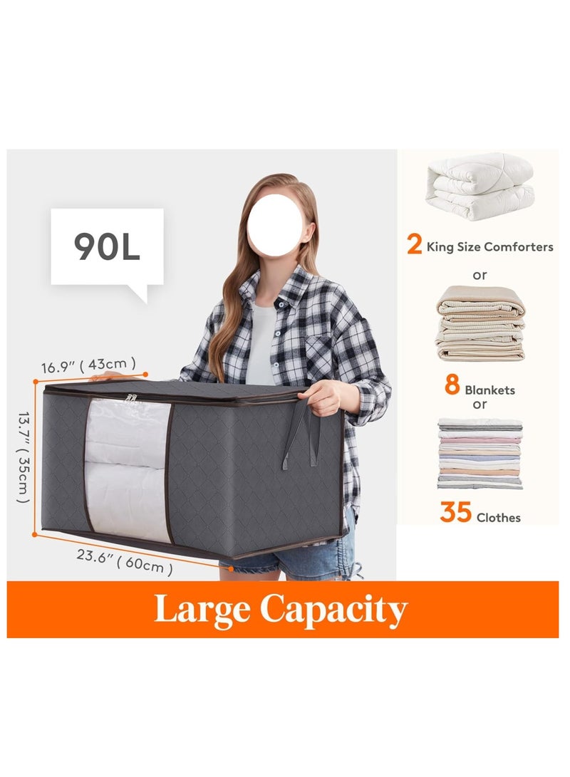 Sprinters 90L Large Storage Bags, 6 Pack Closet Organizers and Storage, Clothes Foldable Storage Bins with Reinforced Handles, Storage Containers for Clothing, Blanket, Comforters,Bedding, Gray