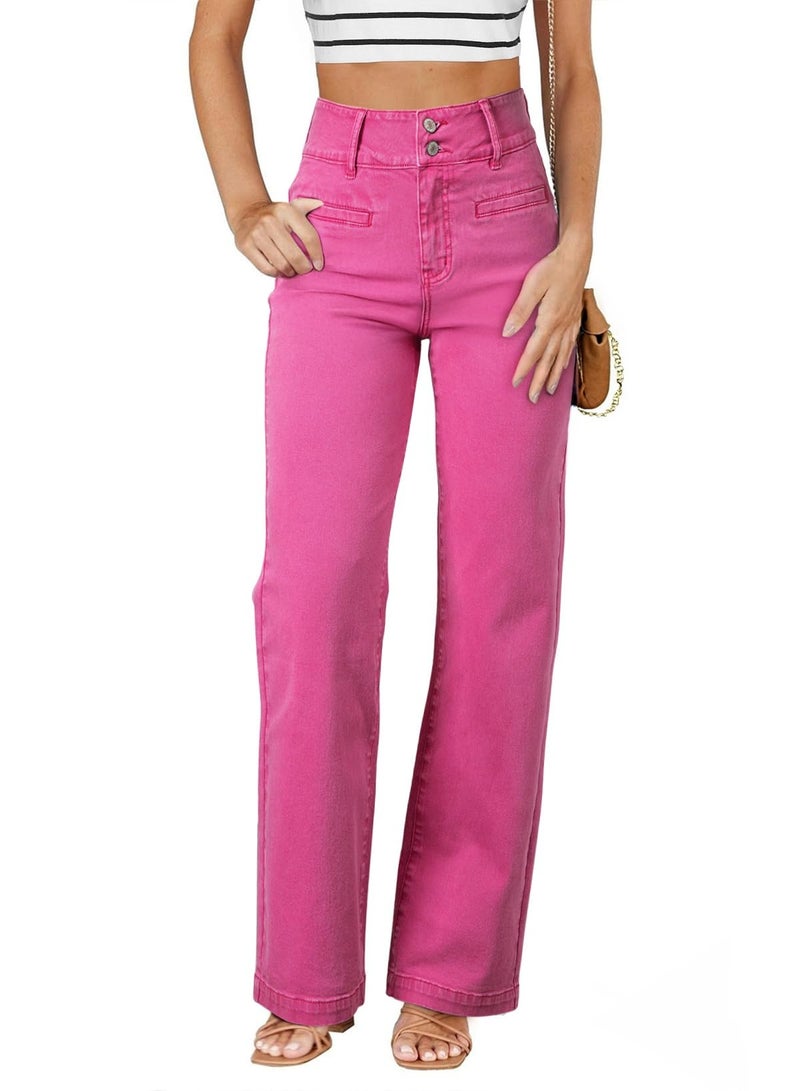 Sidefeel Women's Wide Leg Jeans High Waisted Straight Leg Stretchy Jeans Tummy Control Trendy Loose Ankle Denim Pants Hot Pink Size 14 - Image 1