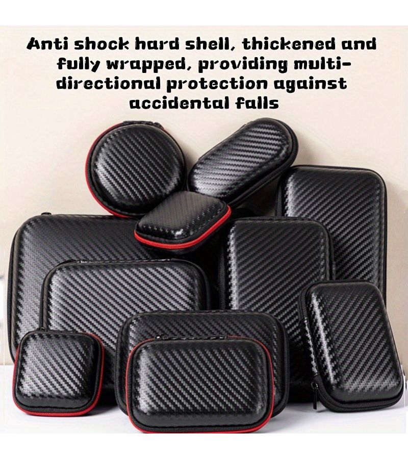2 Piece EVA Hard Shell Travel Storage Bag Set Carbon Fiber Pattern Organizer Pouch - Image 1