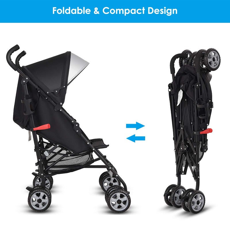 HONEY JOY Baby Lightweight Stroller, Compact Travel Stroller for Airplane, Adjustable Backrest & Canopy, 5-Point Harness, Cup Holder, Storage Basket, Foldable Umbrella Stroller for Toddlers (Black) - Image 3