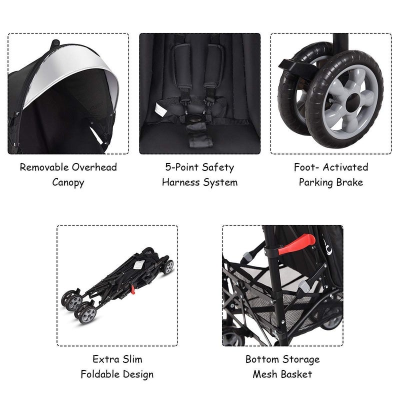 HONEY JOY Baby Lightweight Stroller, Compact Travel Stroller for Airplane, Adjustable Backrest & Canopy, 5-Point Harness, Cup Holder, Storage Basket, Foldable Umbrella Stroller for Toddlers (Black) - Image 4