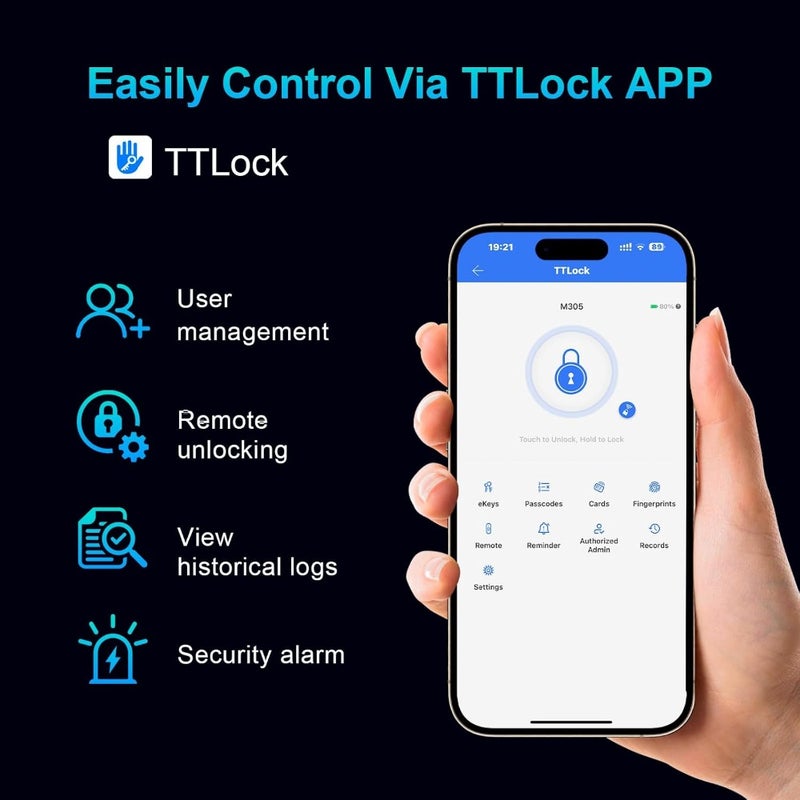 M305TT Smart Fingerprint Door Lock, TTLock Bluetooth App Control, 5 Unlock Ways Fingerprint/Code/7 Cards/2 Keys/App,4585 Mortise, Anti-Theft Button - Image 2