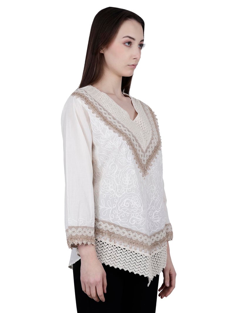Ukal Hand Embroidered Cotton Kurti, Full Sleeves, Chikan Work, Relaxed Fit, Boho Short Ethnic Dress for Women - Image 3
