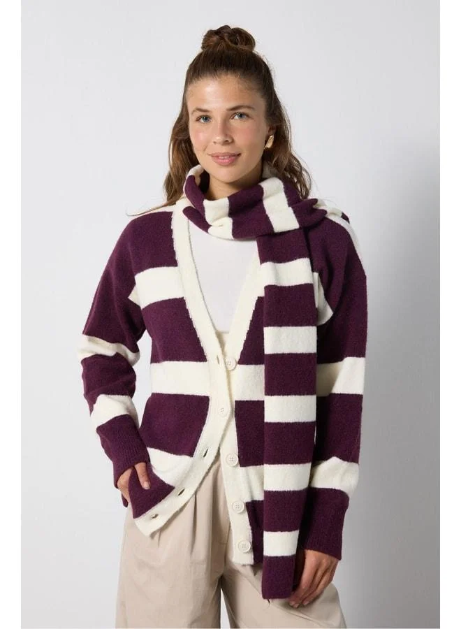 mina aise Women's Burgundy - Ecru Striped Fleece Scarf Knit Cardigan 7069.