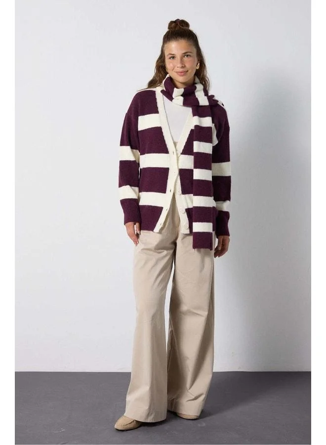 mina aise Women's Burgundy - Ecru Striped Fleece Scarf Knit Cardigan 7069.