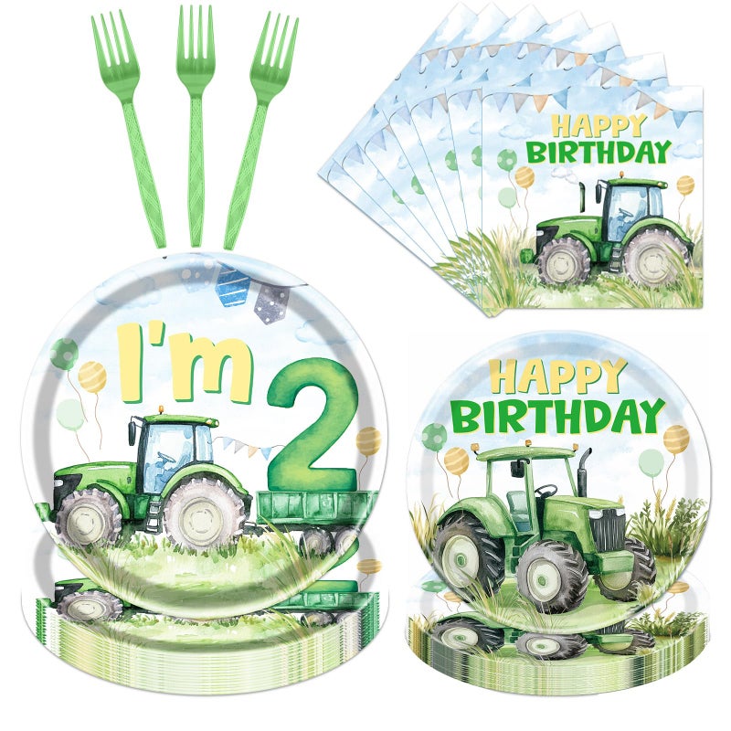 Rakuto Tractor 2nd Birthday Decorations Supplies, 96PCS Tractor Party Plates Napkins and Forks Set, Disposable Farm Two Years Old Birthday Tableware for Boys Serves 24 - Image 1