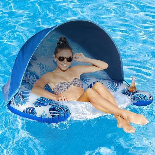 COOLCOOLDEE Pool Float with CanopyCup Holder XL Pool Chair Lounge Float with Adjustable Sun Shade Cover Drink HolderErgonomic HeadrestInflatable Pool Float for AdultsDeep Blue - Image 1