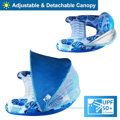 COOLCOOLDEE Pool Float with CanopyCup Holder XL Pool Chair Lounge Float with Adjustable Sun Shade Cover Drink HolderErgonomic HeadrestInflatable Pool Float for AdultsDeep Blue - Image 5