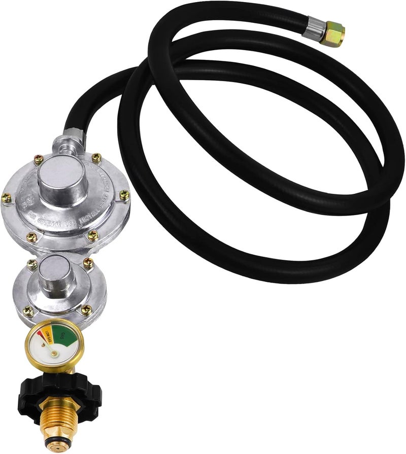Azdele Upgraded Two Stage Propane Regulator with 5ft Hose and Gauge, Standard P.O.L Tank Connection, 3/8in Female Flare Fitting for Grill, Heaters, Fire Pit, Gas Generator/Stove/Range-CSA Certified - Image 1