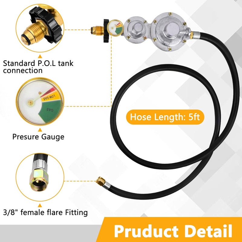 Azdele Upgraded Two Stage Propane Regulator with 5ft Hose and Gauge, Standard P.O.L Tank Connection, 3/8in Female Flare Fitting for Grill, Heaters, Fire Pit, Gas Generator/Stove/Range-CSA Certified - Image 4