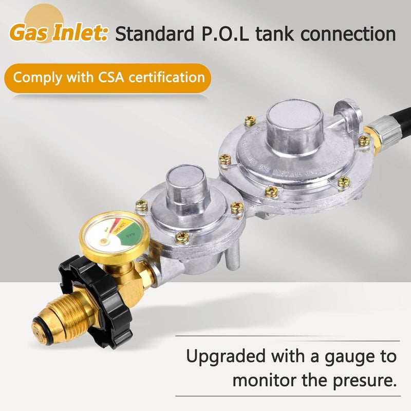 Azdele Upgraded Two Stage Propane Regulator with 5ft Hose and Gauge, Standard P.O.L Tank Connection, 3/8in Female Flare Fitting for Grill, Heaters, Fire Pit, Gas Generator/Stove/Range-CSA Certified - Image 2